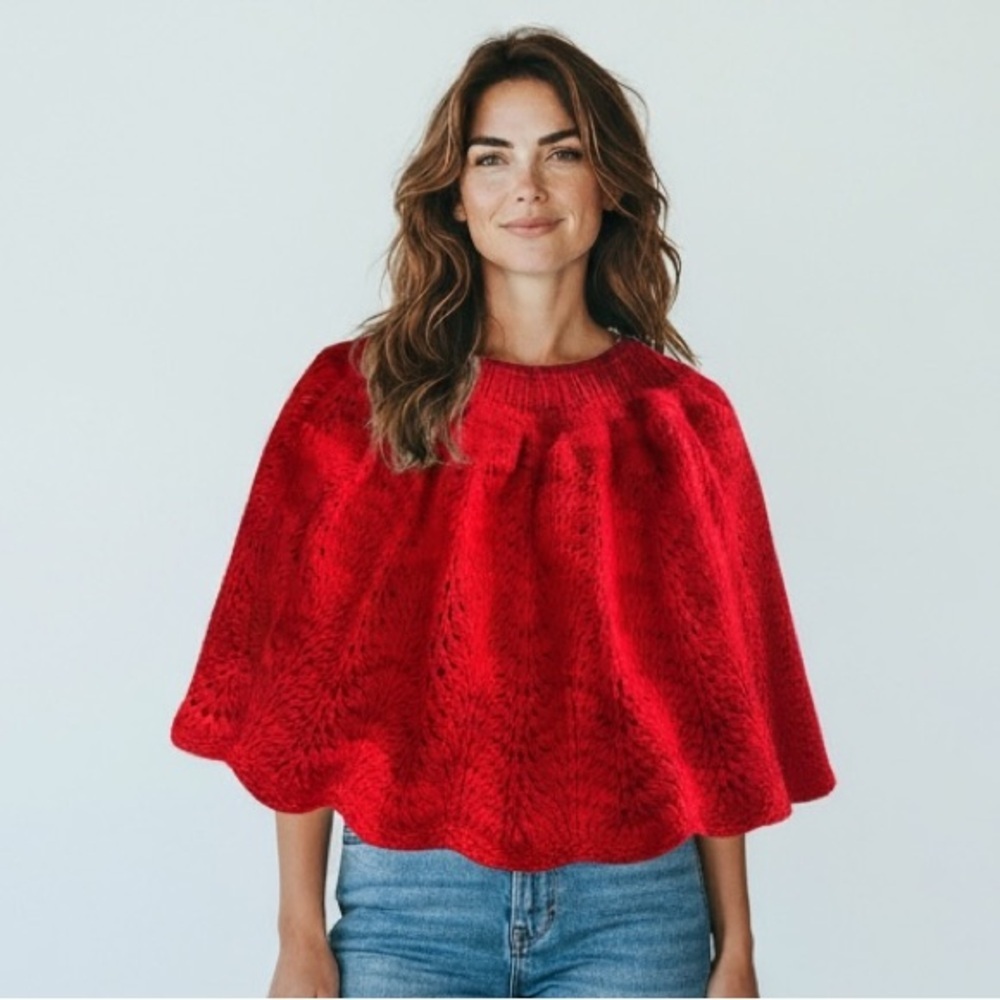 Handmade Knit Red Poncho Shawl